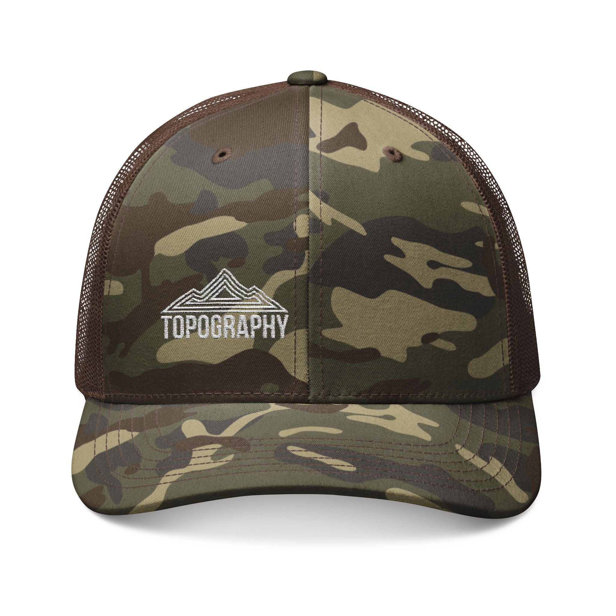 Camouflage Trucker Hat — Embroidered Topography Mountain Logo
