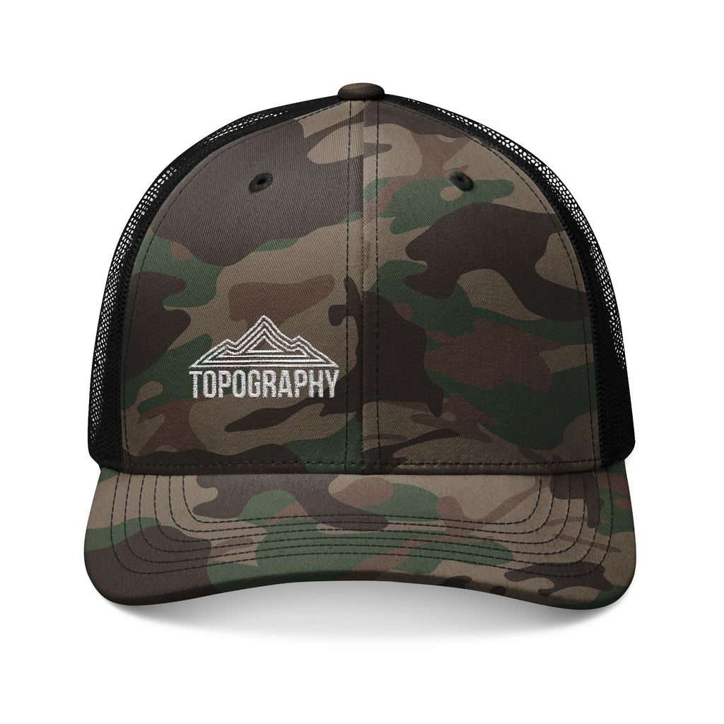 Camouflage Trucker Hat — Embroidered Topography Mountain Logo
