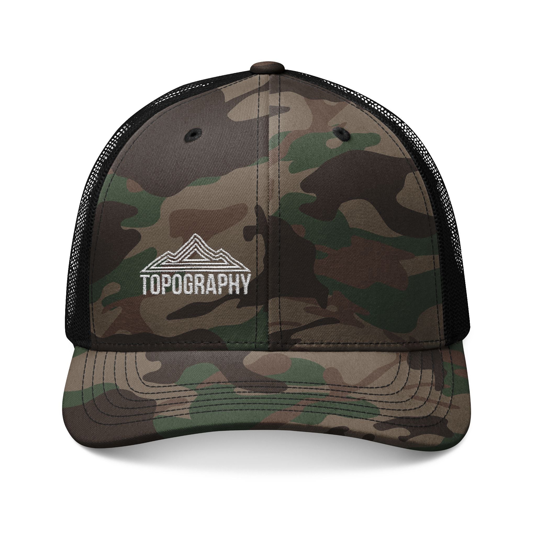 Camouflage Trucker Hat — Embroidered Topography Mountain Logo