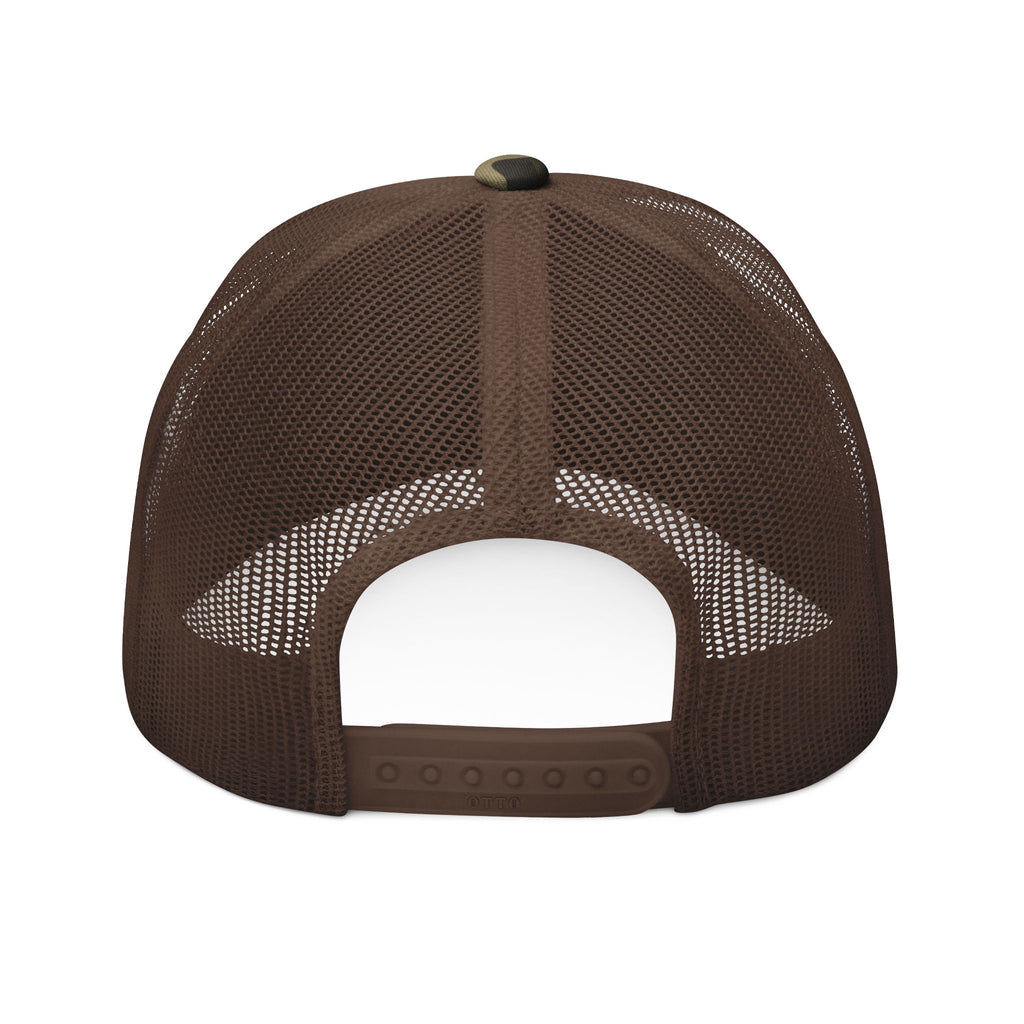 Camouflage Trucker Hat — Embroidered Topography Mountain Logo