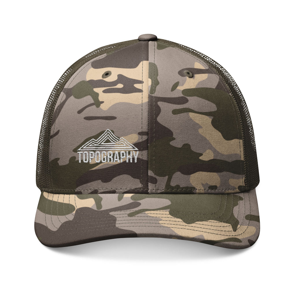 Camouflage Trucker Hat — Embroidered Topography Mountain Logo