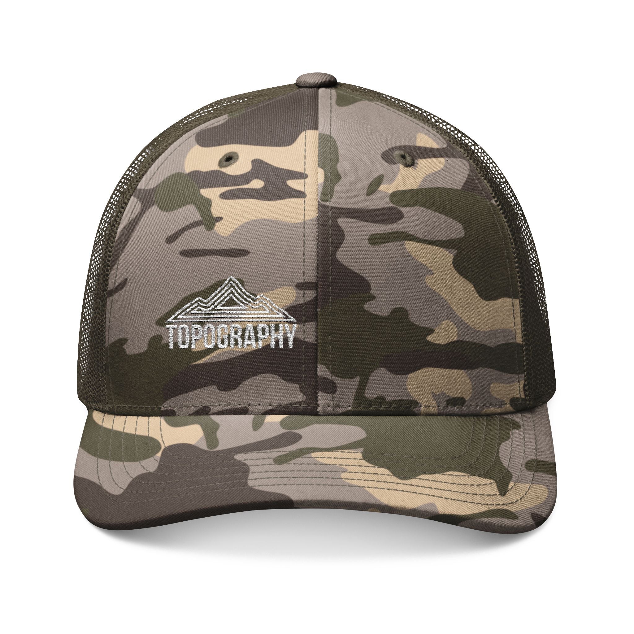Camouflage Trucker Hat — Embroidered Topography Mountain Logo